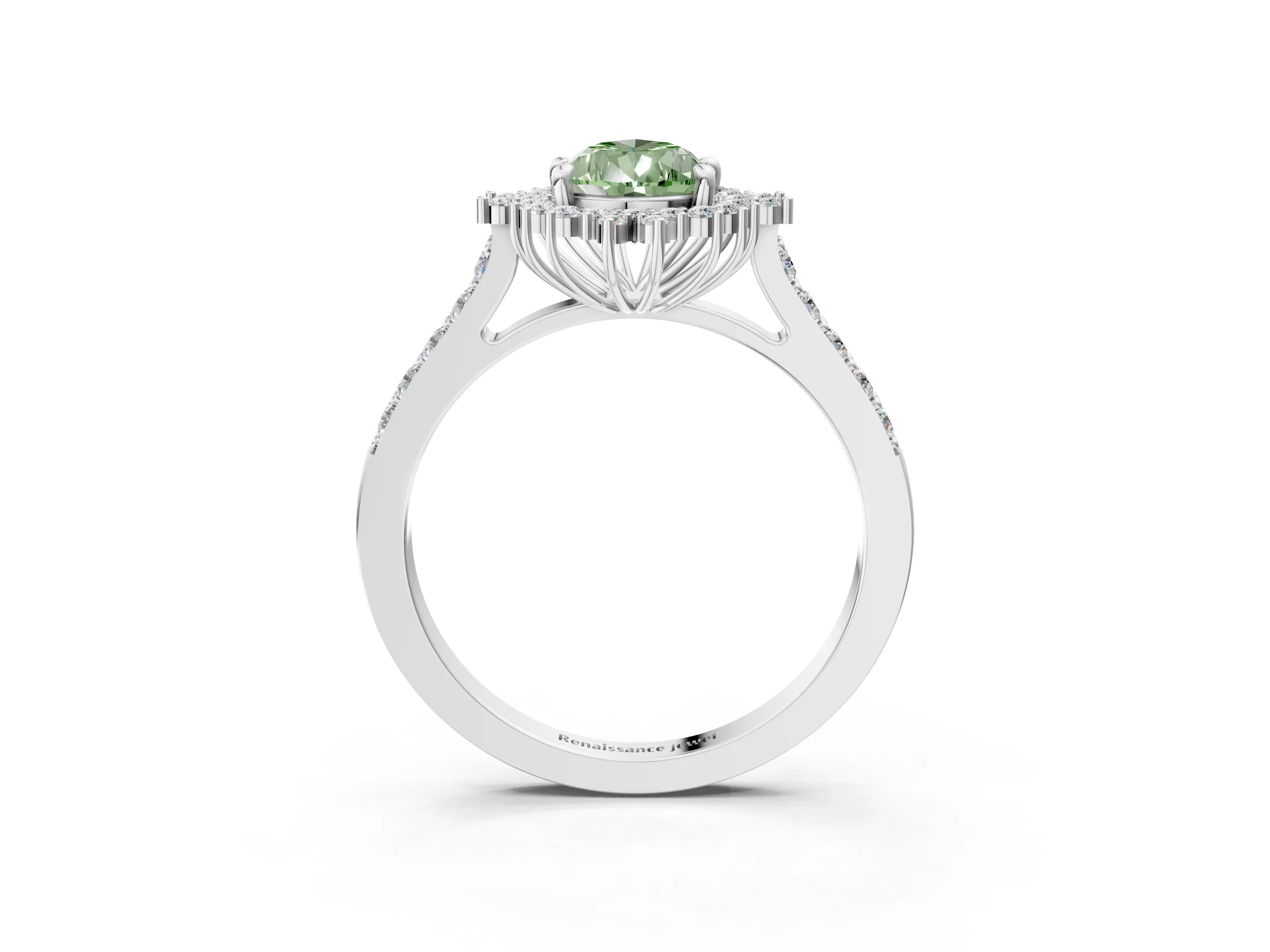 White gold Fancy Green Pear Cut Cut Diamond Sunburst Halo Engagement Ring with Pavé Band_15