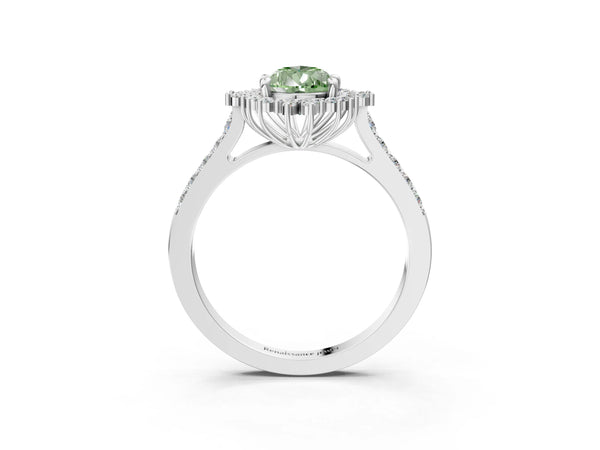 Silver Fancy Green Pear Cut Diamond Sunburst Halo Engagement Ring with Pavé Band