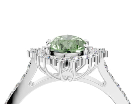 White gold Fancy Green Pear Cut Cut Diamond Sunburst Halo Engagement Ring with Pavé Band_16