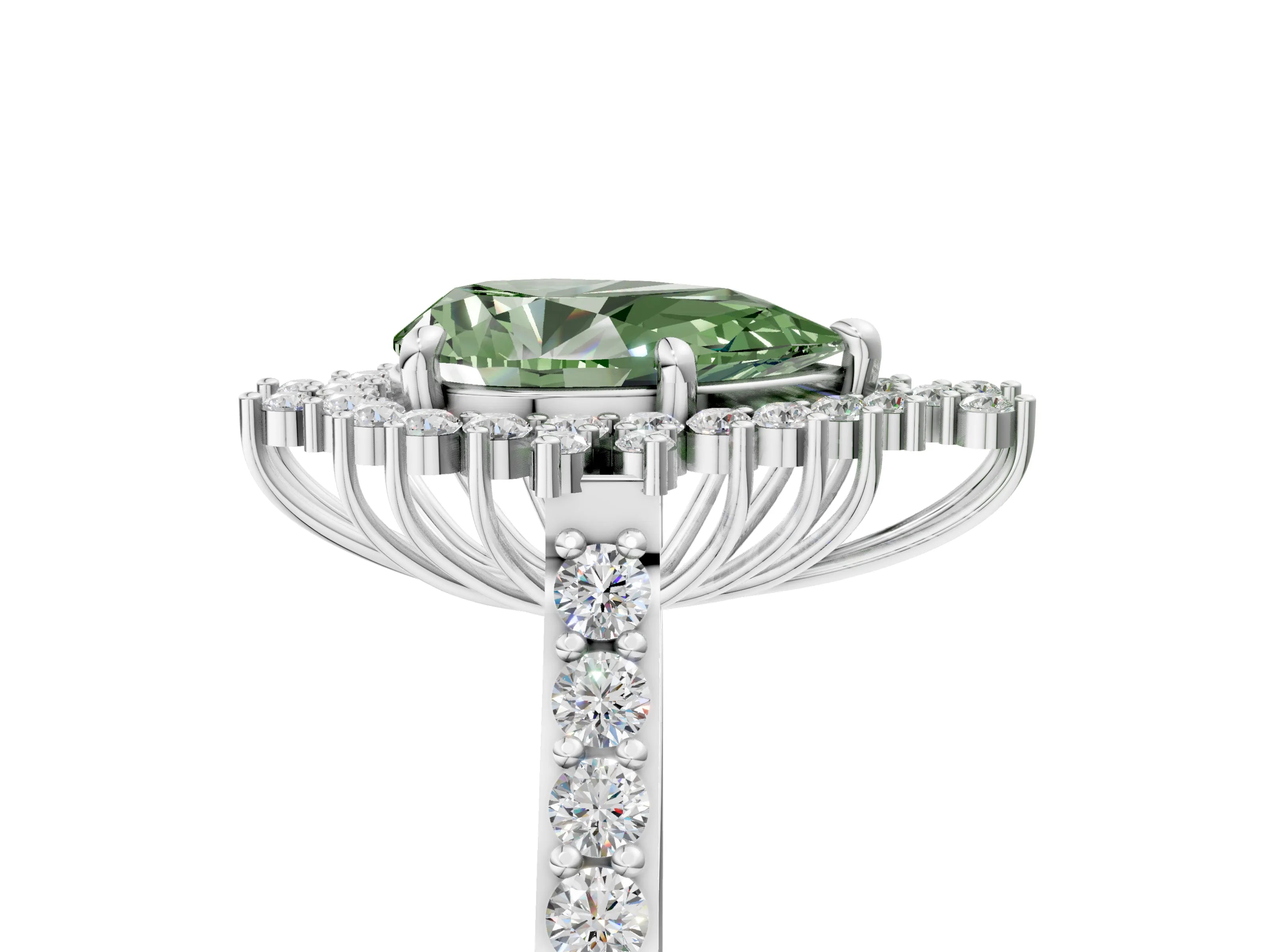 White gold Fancy Green Pear Cut Cut Diamond Sunburst Halo Engagement Ring with Pavé Band_17