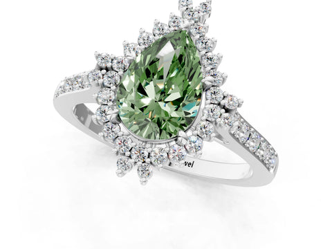 White gold Fancy Green Pear Cut Cut Diamond Sunburst Halo Engagement Ring with Pavé Band_1