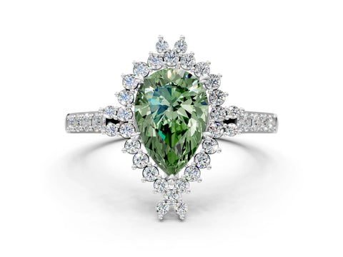 White gold Fancy Green Pear Cut Cut Diamond Sunburst Halo Engagement Ring with Pavé Band