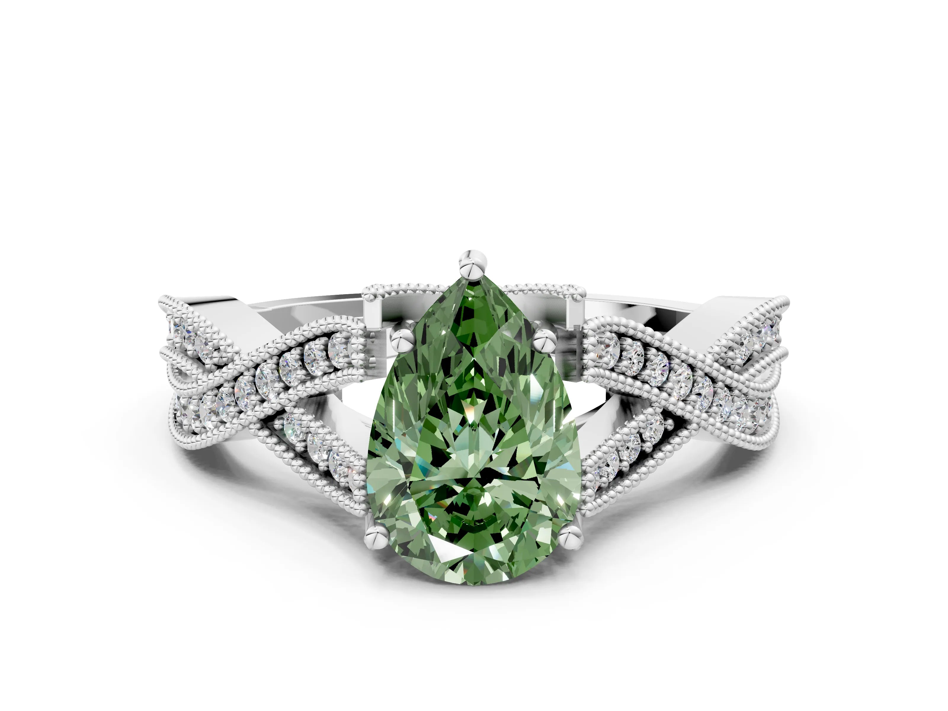 White gold Fancy Green Pear Cut Cut Diamond Twisted Band with Milgrain Pave Setting and Four-Prong Setting