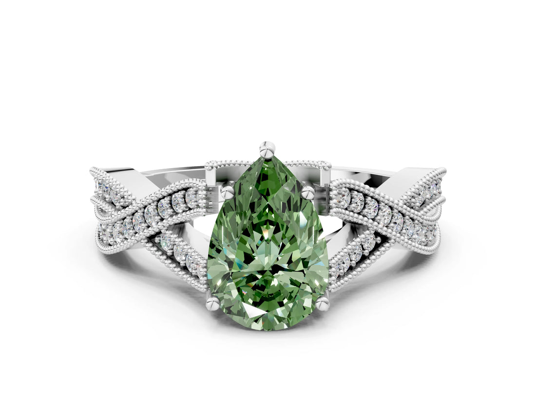 White gold Fancy Green Pear Cut Cut Diamond Twisted Band with Milgrain Pave Setting and Four-Prong Setting_12