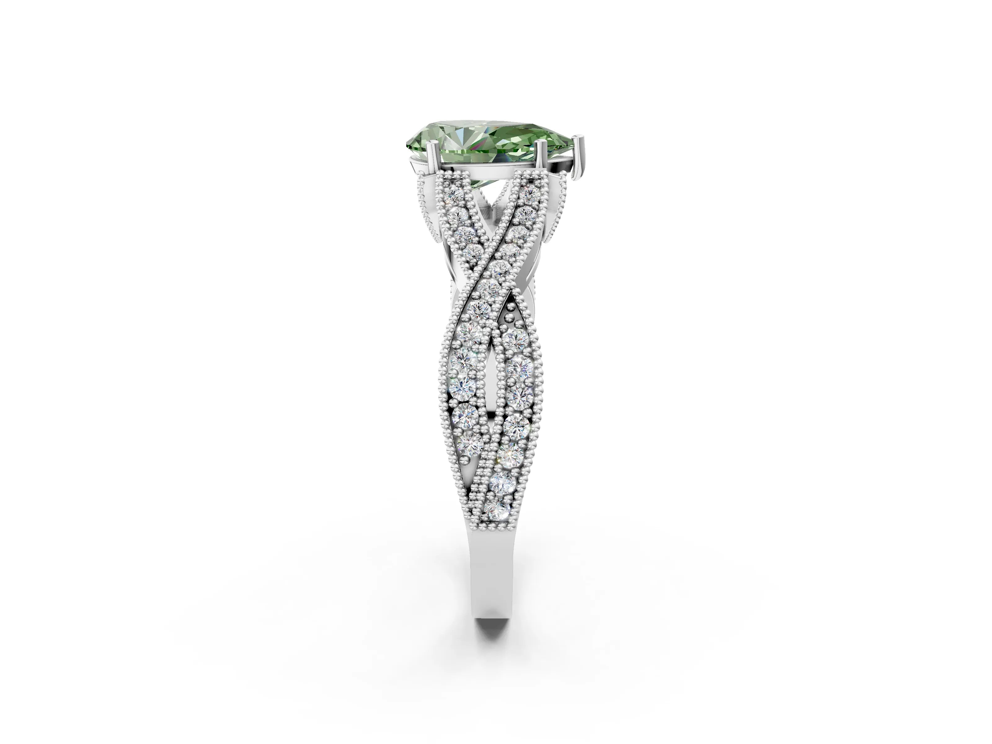 White gold Fancy Green Pear Cut Cut Diamond Twisted Band with Milgrain Pave Setting and Four-Prong Setting_14