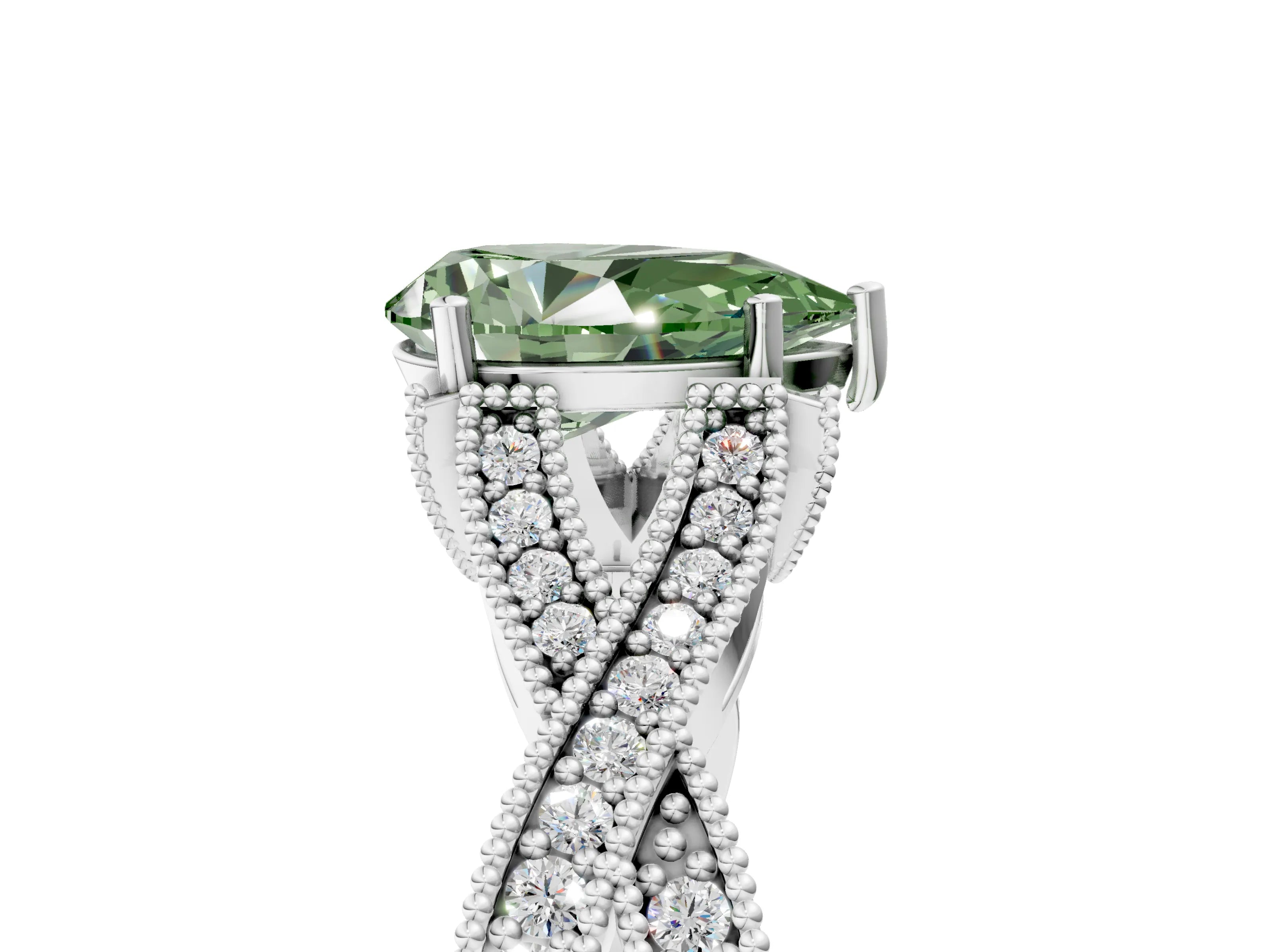 White gold Fancy Green Pear Cut Cut Diamond Twisted Band with Milgrain Pave Setting and Four-Prong Setting_17