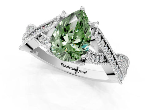 White gold Fancy Green Pear Cut Cut Diamond Twisted Band with Milgrain Pave Setting and Four-Prong Setting_1