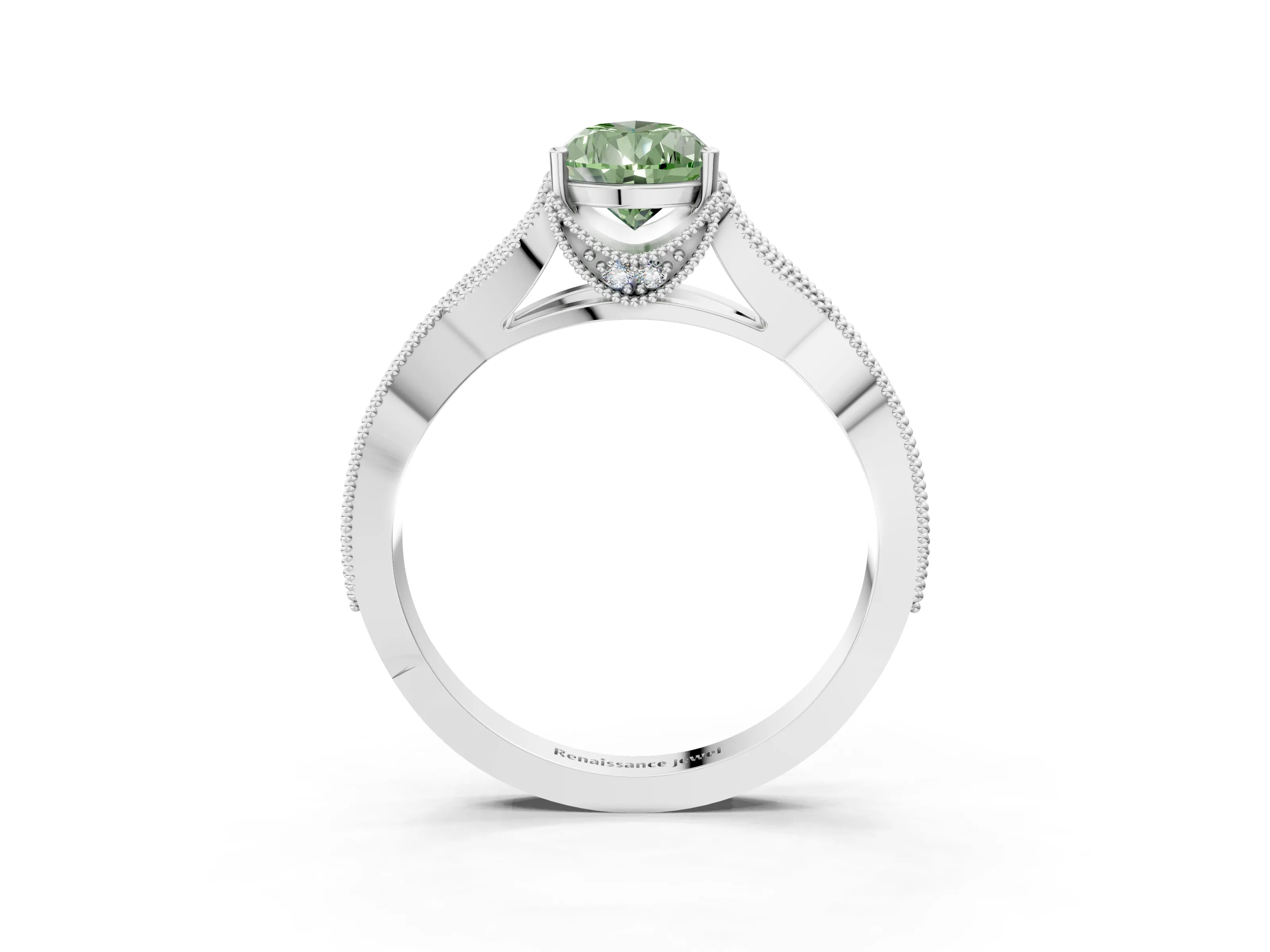White gold Fancy Green Pear Cut Cut Diamond Twisted Band with Milgrain Pave Setting and Four-Prong Setting_3
