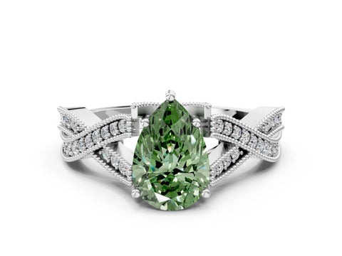 White gold Fancy Green Pear Cut Cut Diamond Twisted Band with Milgrain Pave Setting and Four-Prong Setting