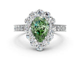White gold Fancy Green Pear Cut Cut Halo Diamond Pavé Engagement Ring with Milgrain Detailing