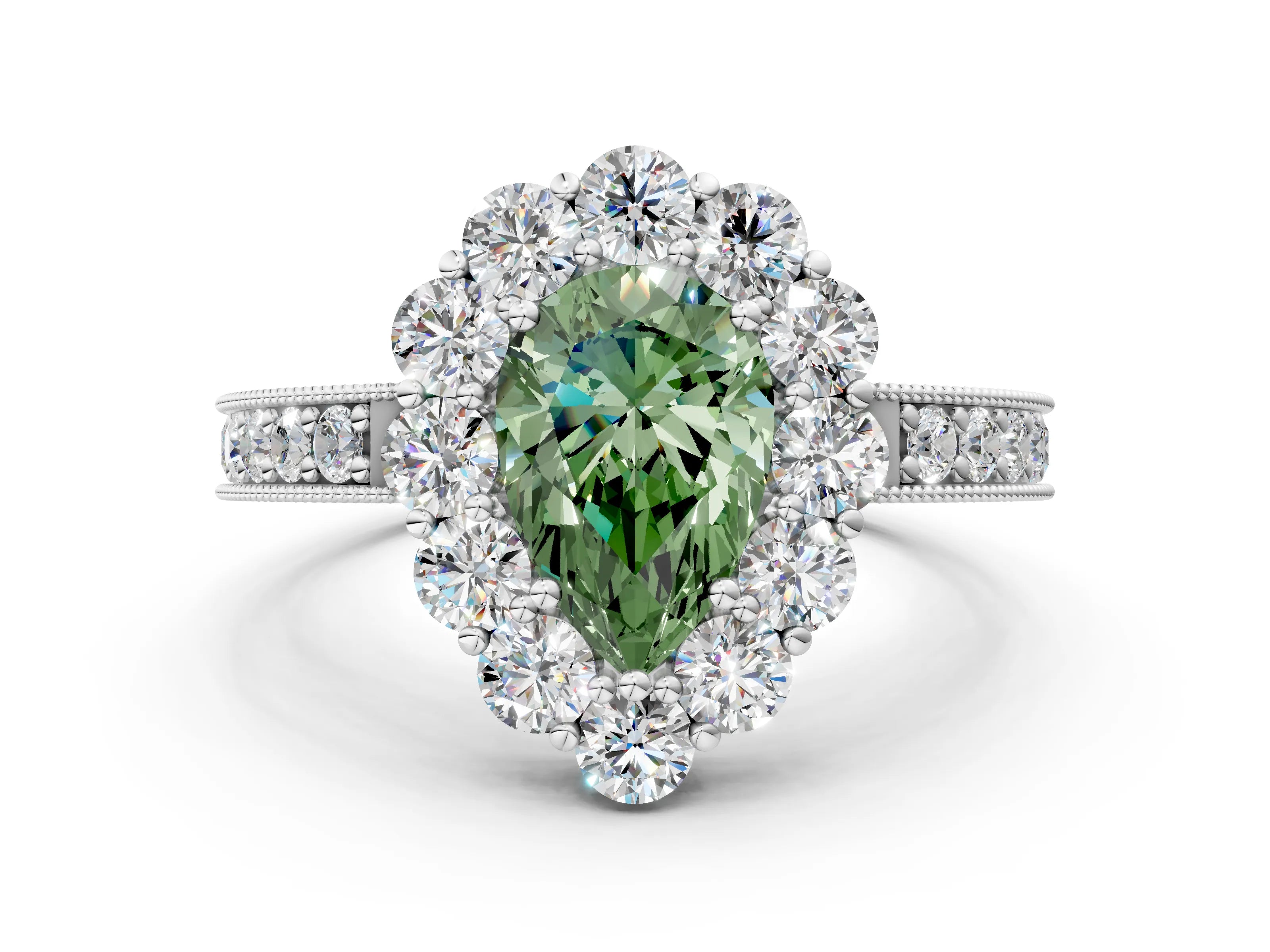 White gold Fancy Green Pear Cut Cut Halo Diamond Pavé Engagement Ring with Milgrain Detailing_21