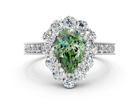 White gold Fancy Green Pear Cut Cut Halo Diamond Pavé Engagement Ring with Milgrain Detailing_24