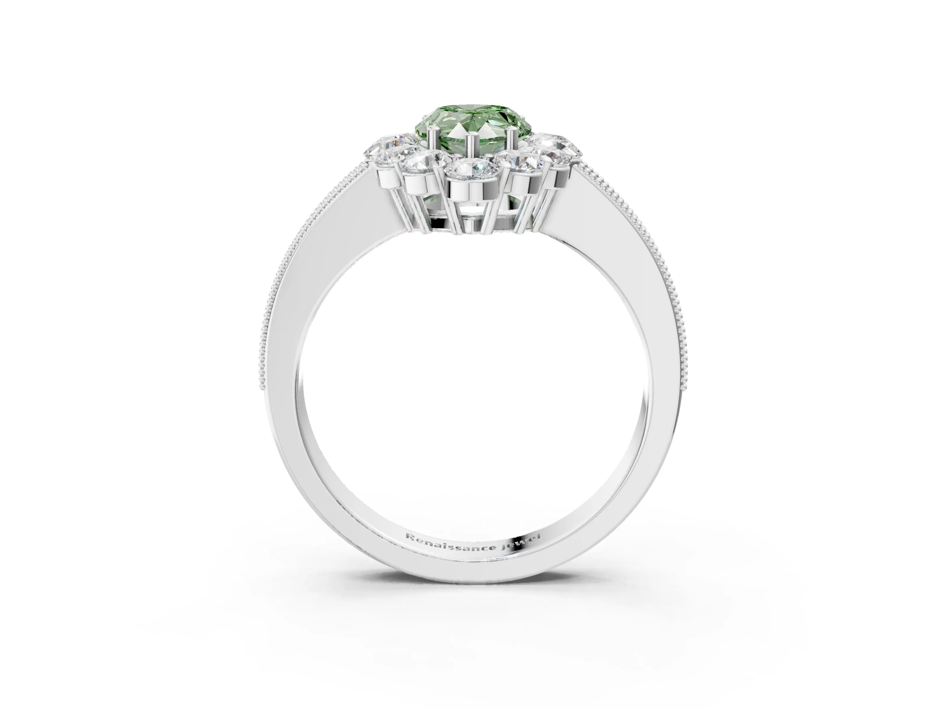 White gold Fancy Green Pear Cut Cut Halo Diamond Pavé Engagement Ring with Milgrain Detailing_27