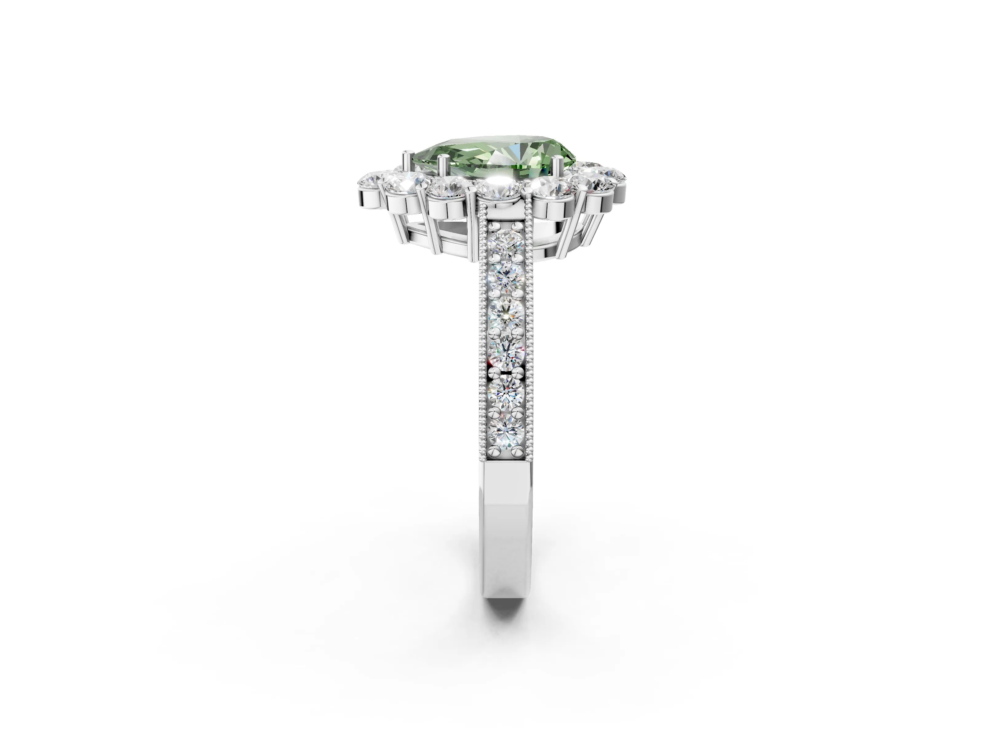White gold Fancy Green Pear Cut Cut Halo Diamond Pavé Engagement Ring with Milgrain Detailing_2