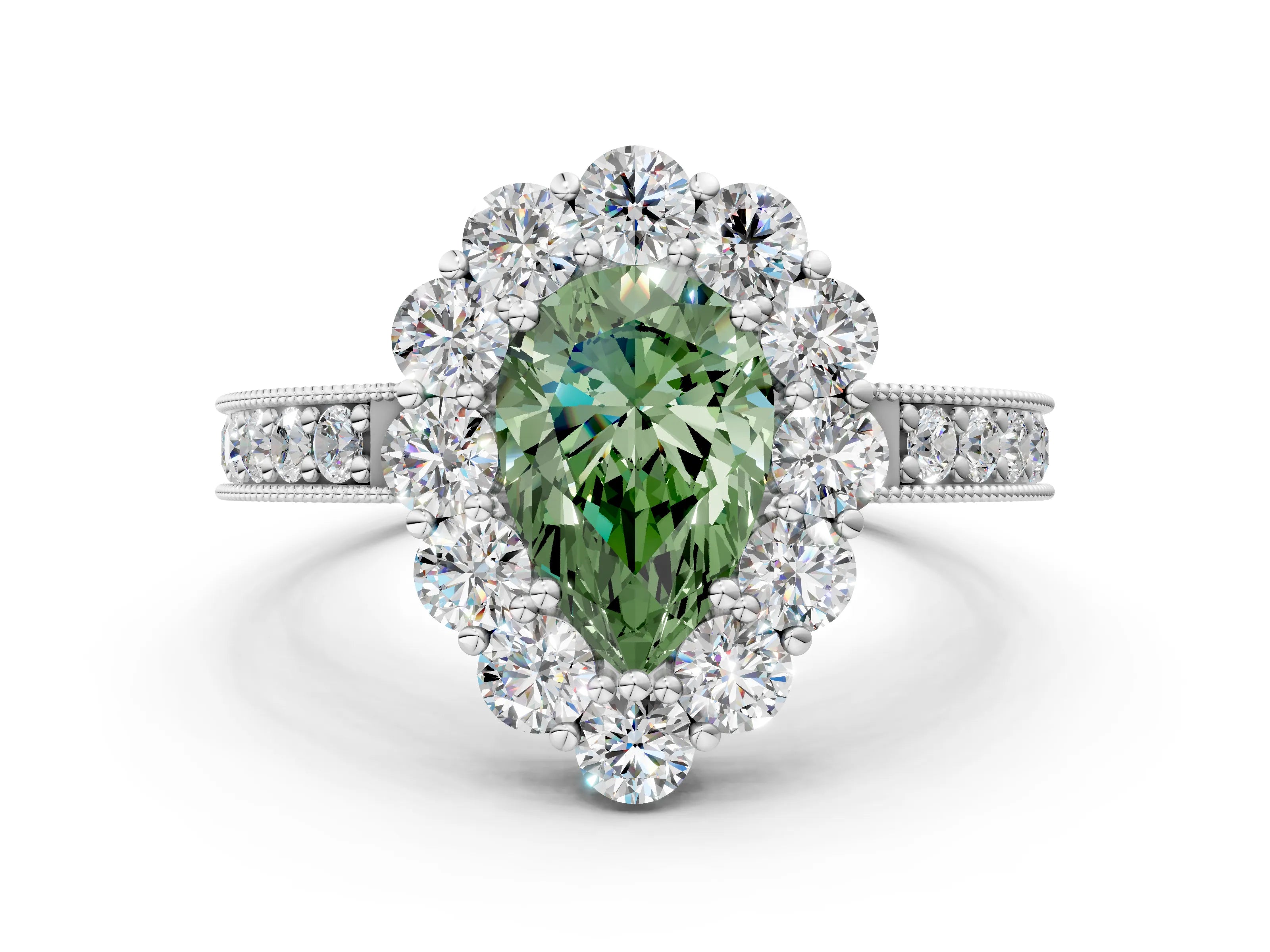 White gold Fancy Green Pear Cut Cut Halo Diamond Pavé Engagement Ring with Milgrain Detailing_42