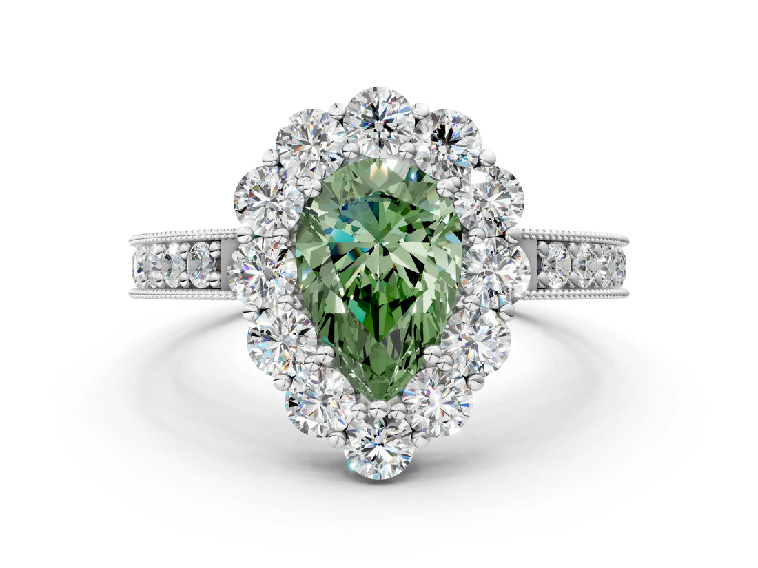 White gold Fancy Green Pear Cut Cut Halo Diamond Pavé Engagement Ring with Milgrain Detailing_42