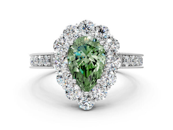 White gold Fancy Green Pear Cut Cut Halo Diamond Pavé Engagement Ring with Milgrain Detailing