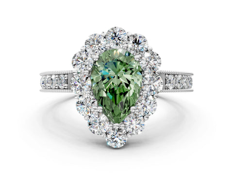 White gold Fancy Green Pear Cut Cut Halo Diamond Pavé Engagement Ring with Milgrain Detailing_42