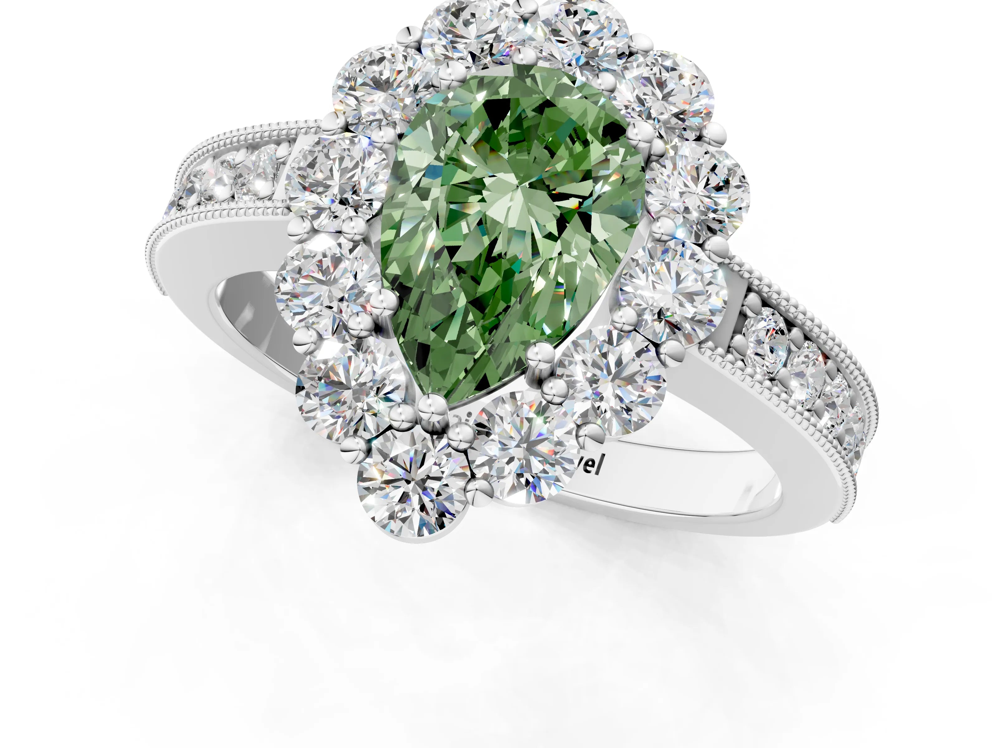 White gold Fancy Green Pear Cut Cut Halo Diamond Pavé Engagement Ring with Milgrain Detailing_43