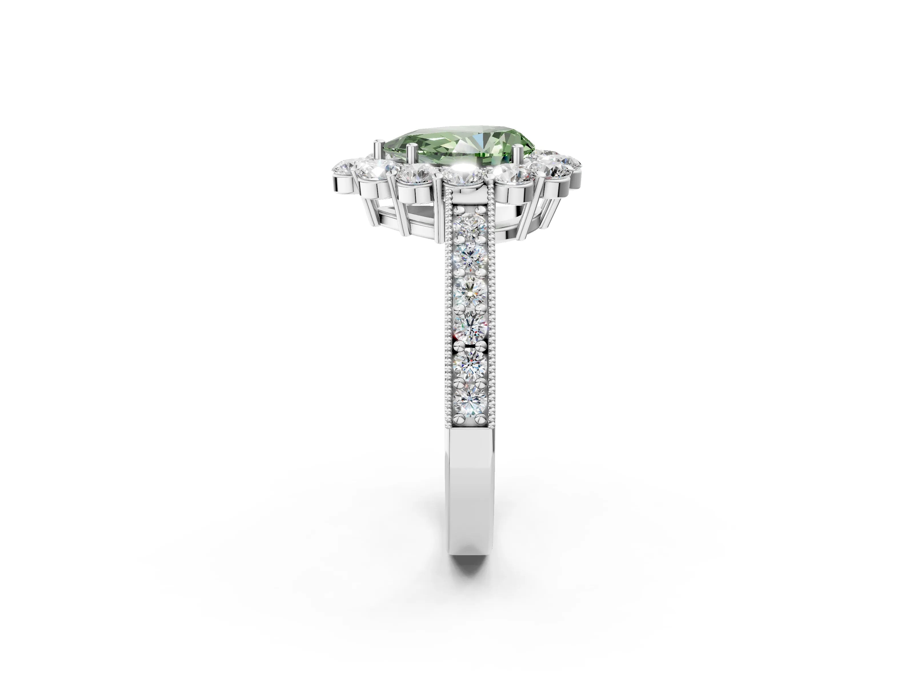 White gold Fancy Green Pear Cut Cut Halo Diamond Pavé Engagement Ring with Milgrain Detailing_44