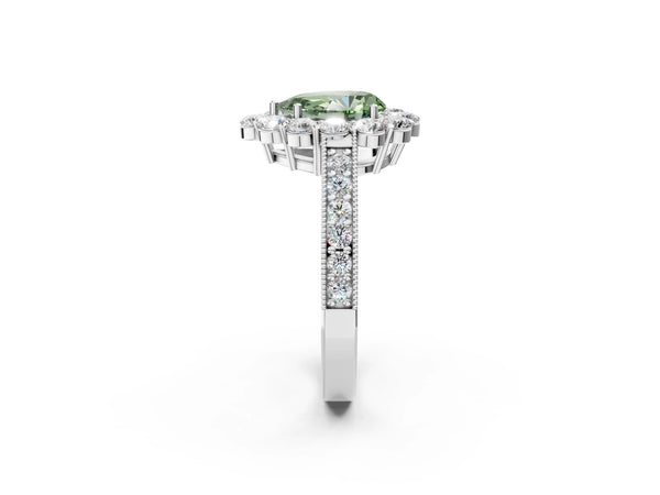 White gold Fancy Green Pear Cut Cut Halo Diamond Pavé Engagement Ring with Milgrain Detailing