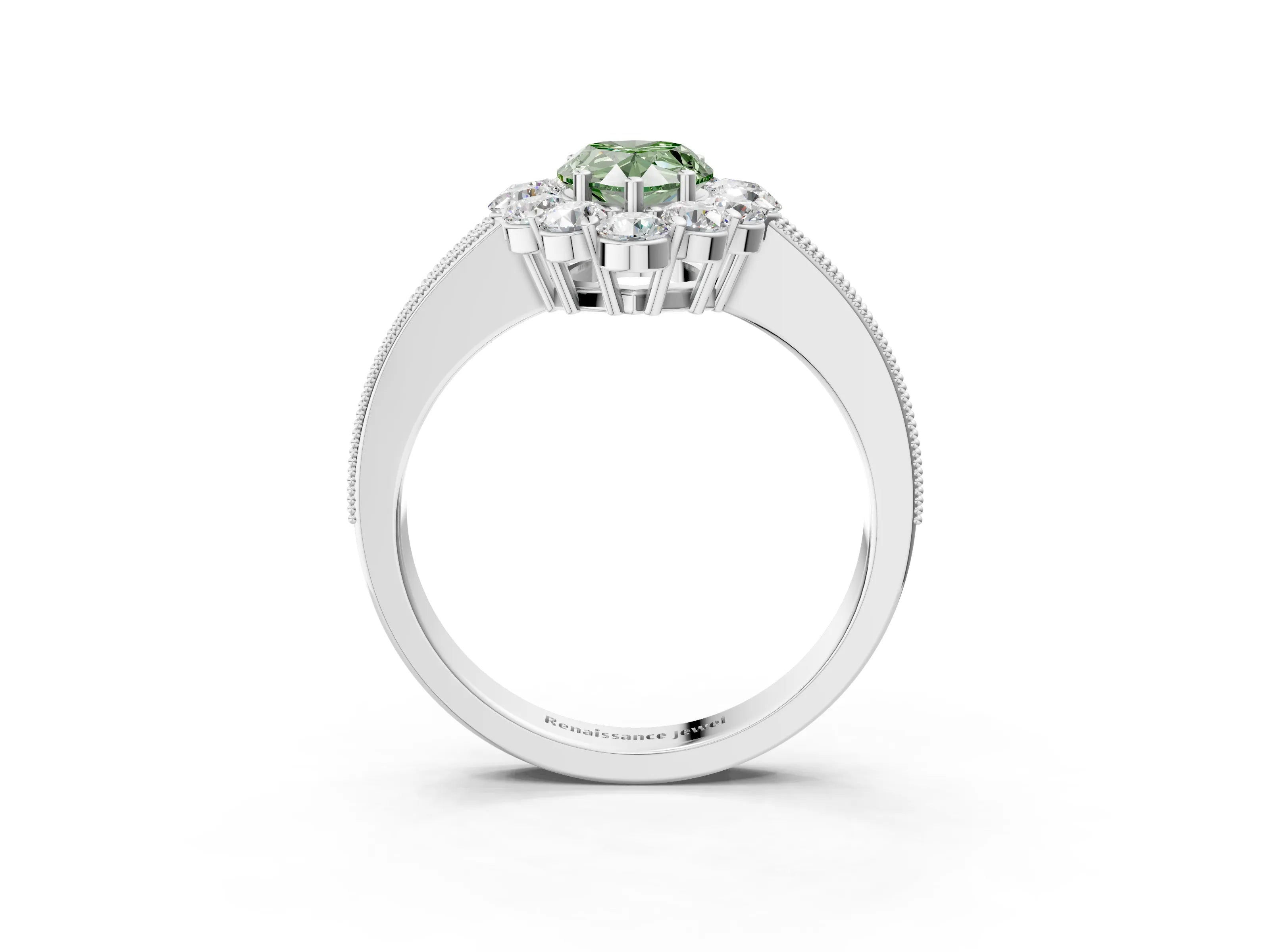 White gold Fancy Green Pear Cut Cut Halo Diamond Pavé Engagement Ring with Milgrain Detailing_45