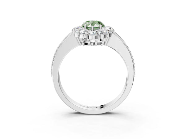 White gold Fancy Green Pear Cut Cut Halo Diamond Pavé Engagement Ring with Milgrain Detailing