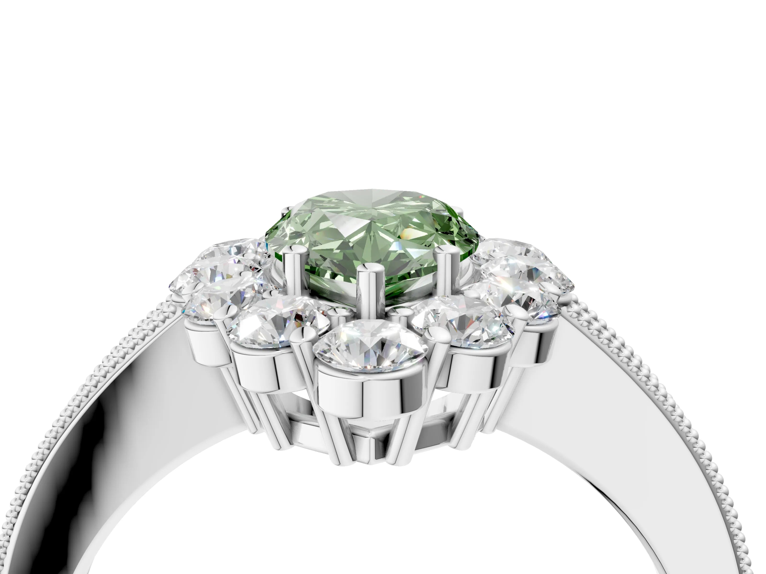 White gold Fancy Green Pear Cut Cut Halo Diamond Pavé Engagement Ring with Milgrain Detailing_46