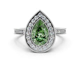 White gold Fancy Green Pear Cut Cut Halo Pavé Diamond Ring