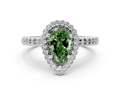 White gold Fancy Green Pear Cut Cut Halo Pavé Solitaire Ring with Milgrain Band_12