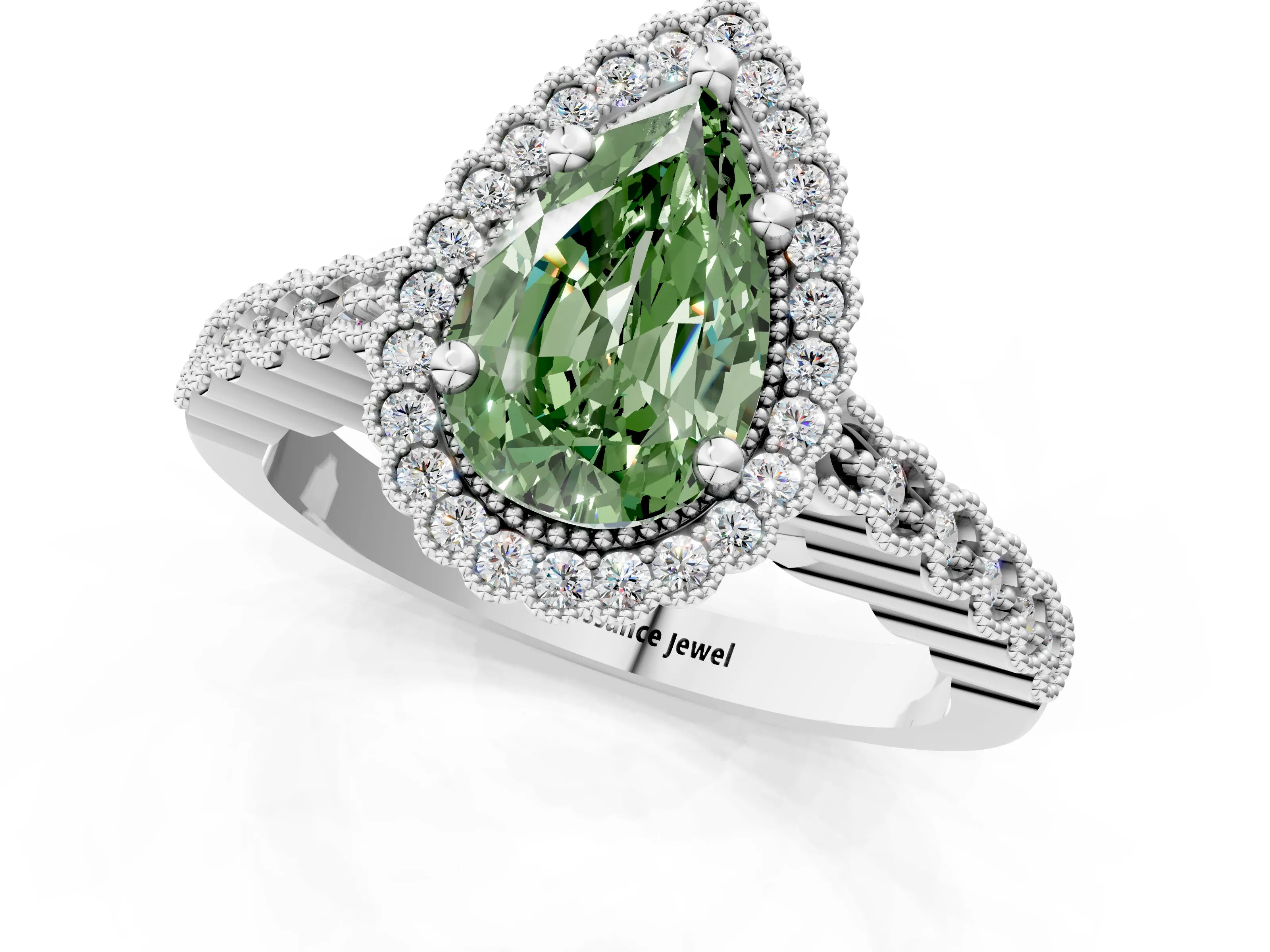 White gold Fancy Green Pear Cut Cut Halo Pavé Solitaire Ring with Milgrain Band_13
