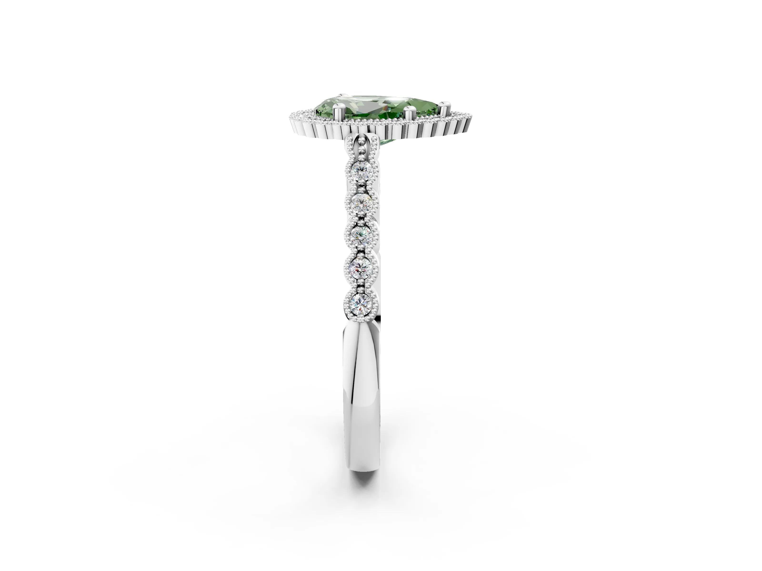 White gold Fancy Green Pear Cut Cut Halo Pavé Solitaire Ring with Milgrain Band_14