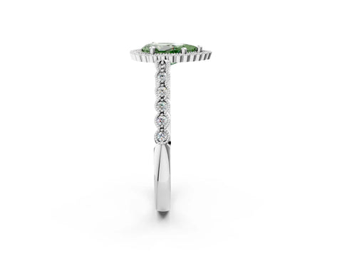 White gold Fancy Green Pear Cut Cut Halo Pavé Solitaire Ring with Milgrain Band_14