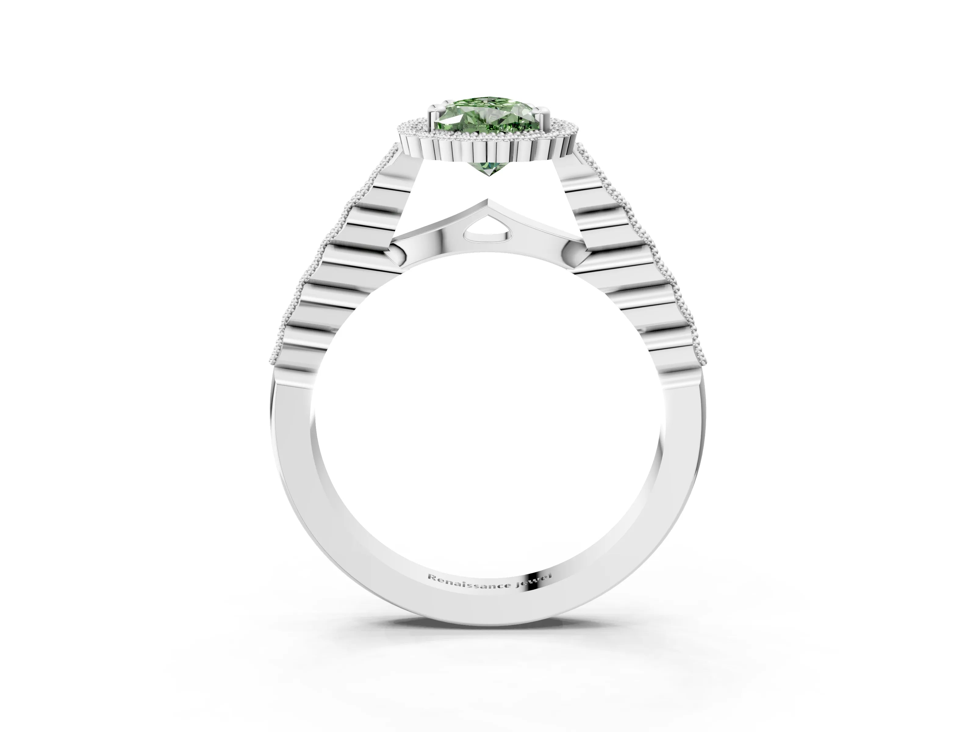 White gold Fancy Green Pear Cut Cut Halo Pavé Solitaire Ring with Milgrain Band_15