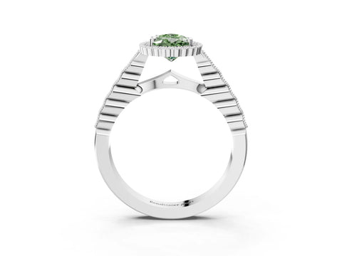 White gold Fancy Green Pear Cut Cut Halo Pavé Solitaire Ring with Milgrain Band_15