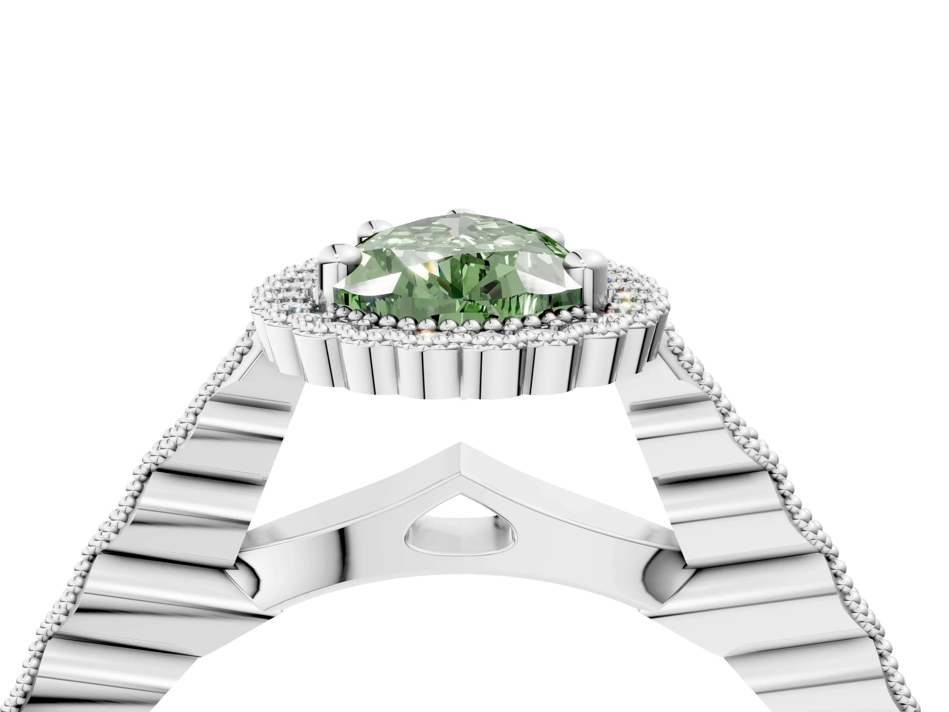 White gold Fancy Green Pear Cut Cut Halo Pavé Solitaire Ring with Milgrain Band_16