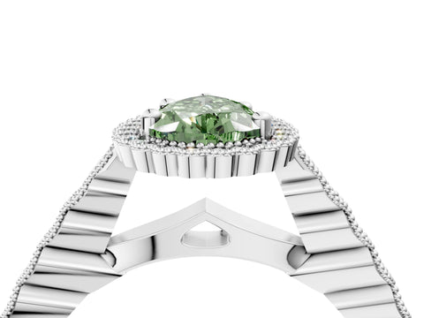 White gold Fancy Green Pear Cut Cut Halo Pavé Solitaire Ring with Milgrain Band_16