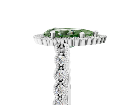 White gold Fancy Green Pear Cut Cut Halo Pavé Solitaire Ring with Milgrain Band_17