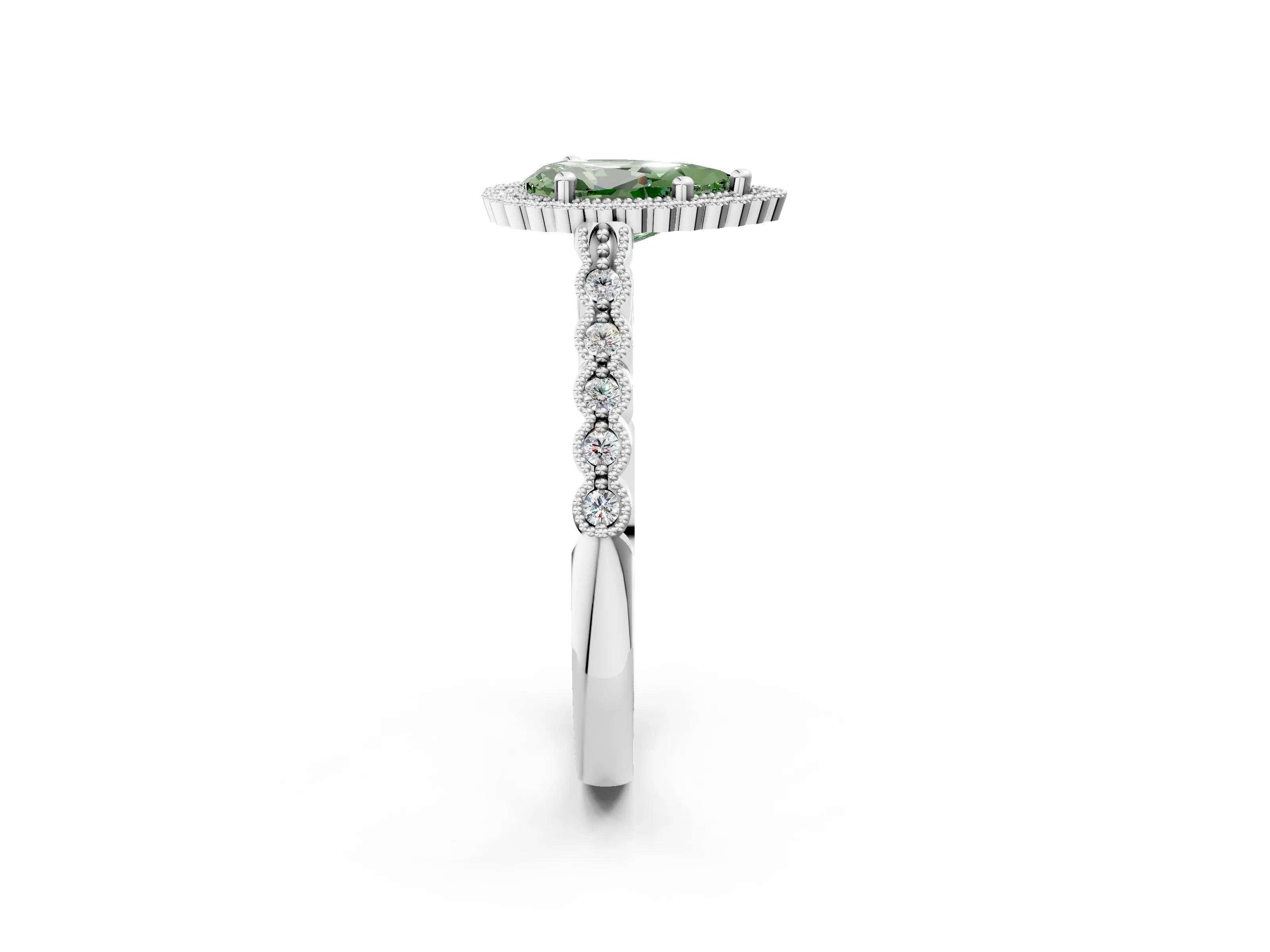 White gold Fancy Green Pear Cut Cut Halo Pavé Solitaire Ring with Milgrain Band_2