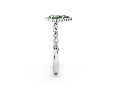 White gold Fancy Green Pear Cut Cut Halo Pavé Solitaire Ring with Milgrain Band_2