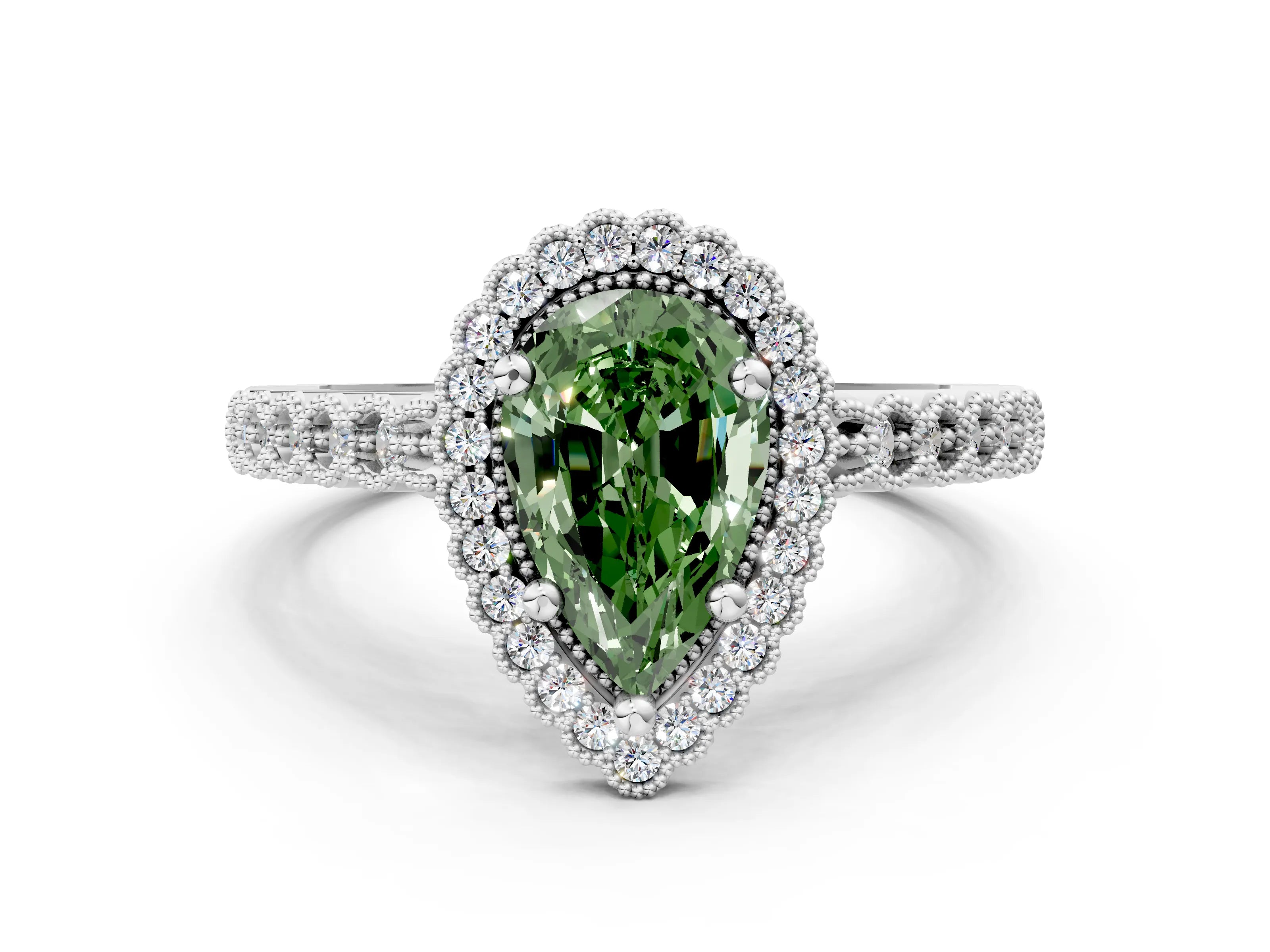 White gold Fancy Green Pear Cut Cut Halo Pavé Solitaire Ring with Milgrain Band