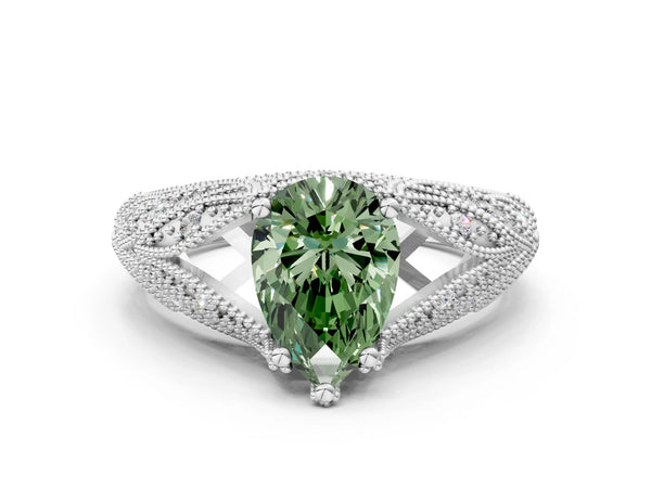 White gold Fancy Green Pear Cut Cut Milgrain Pave Diamond Engagement Ring with Four-Prong Setting
