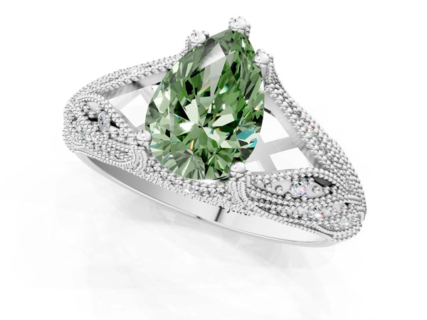 White gold Fancy Green Pear Cut Cut Milgrain Pave Diamond Engagement Ring with Four-Prong Setting
