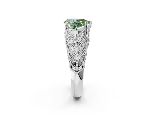 White gold Fancy Green Pear Cut Cut Milgrain Pave Diamond Engagement Ring with Four-Prong Setting