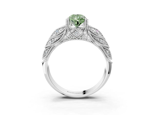 White gold Fancy Green Pear Cut Cut Milgrain Pave Diamond Engagement Ring with Four-Prong Setting