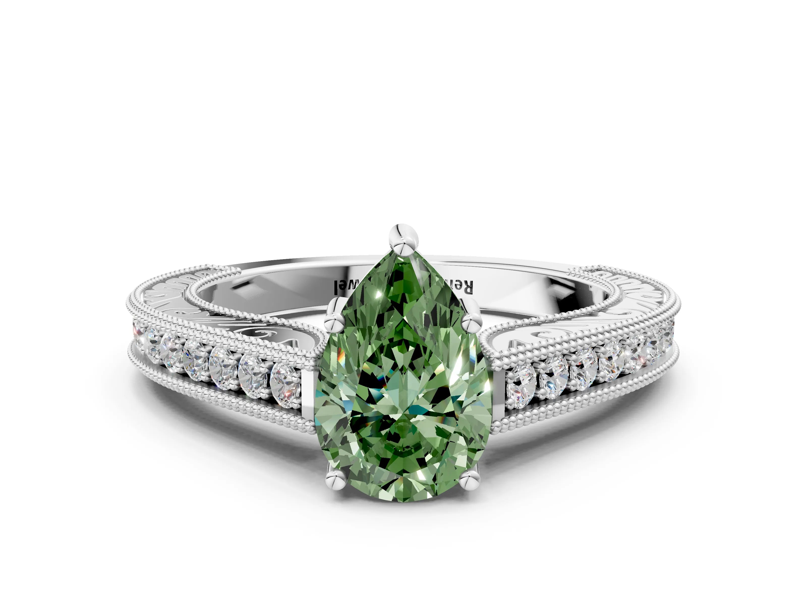 White gold Fancy Green Pear Cut Cut Pave Band Milgrain Solitaire Ring
