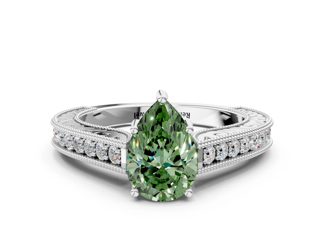 White gold Fancy Green Pear Cut Cut Pave Band Milgrain Solitaire Ring