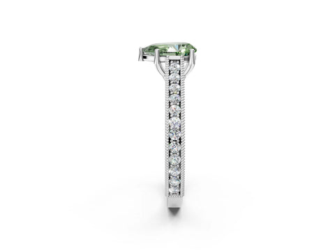 White gold Fancy Green Pear Cut Cut Pave Band Milgrain Solitaire Ring_2