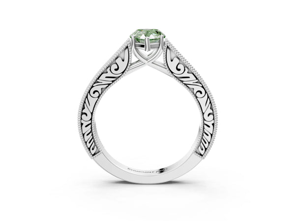 Platinum Fancy Green Pear Cut Cut Pave Band Milgrain Solitaire Ring