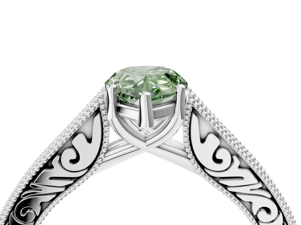 Platinum Fancy Green Pear Cut Cut Pave Band Milgrain Solitaire Ring